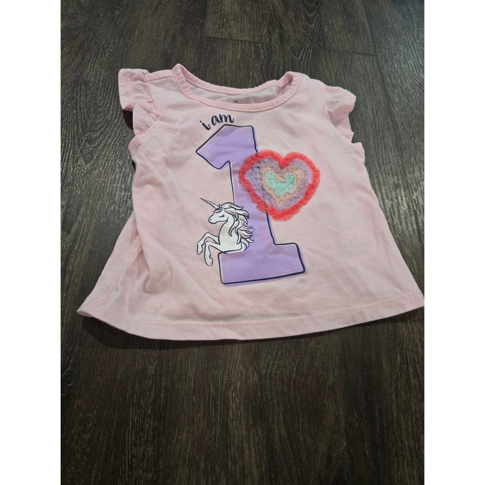 Miniville Baby Girls Pink I Am 1 Unicorn Heart Flutter Sleeve Top 18M Birthday